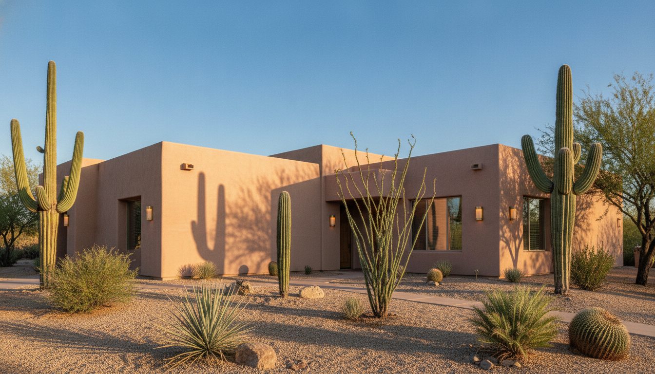 A single-story Arizona desert home at golden hour with saguaro cactus and gravel xeriscape