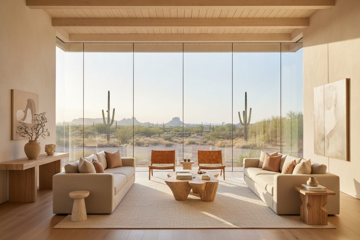 Bright living room with floor to ceiling windows onto the desert