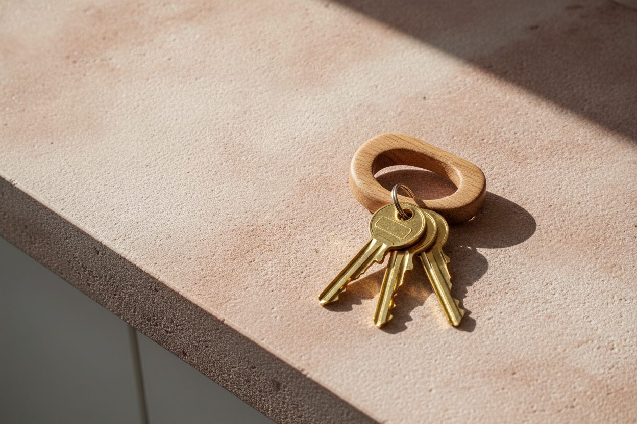 A set of new house keys on a warm stone counter in the sun