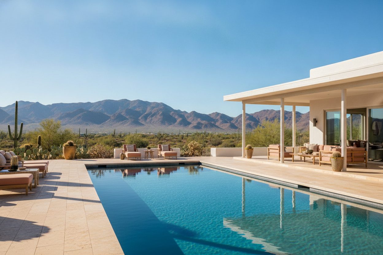 Backyard pool and travertine patio with a view to the desert mountains